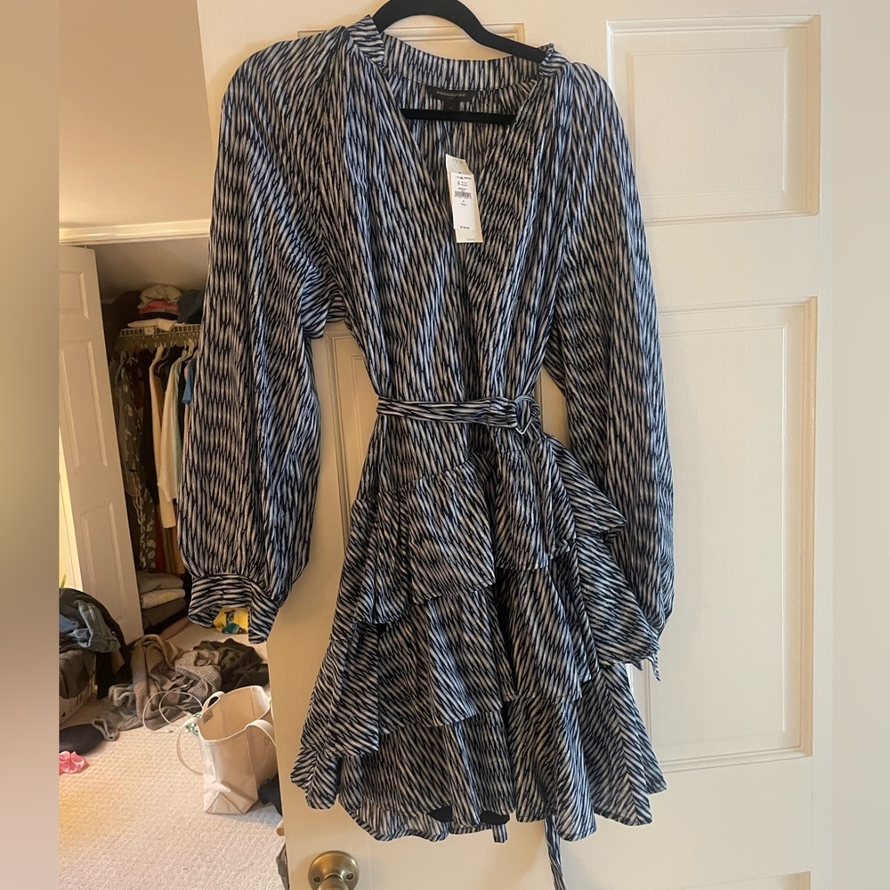 Banana Republic Navy and White Long Sleeve Dress w Ruffles S TALL